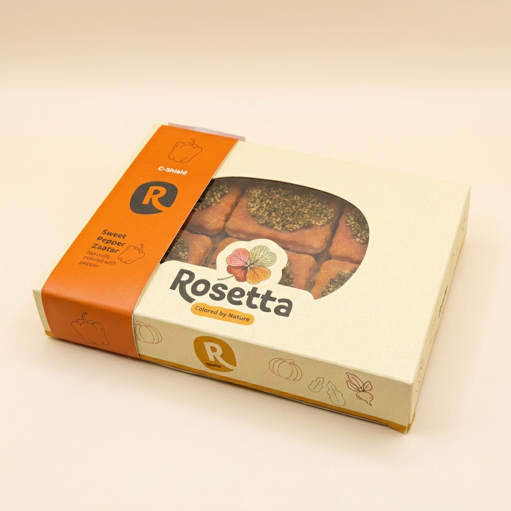 Recreated Rosetta sweet pepper zaatar packaging on a cream background