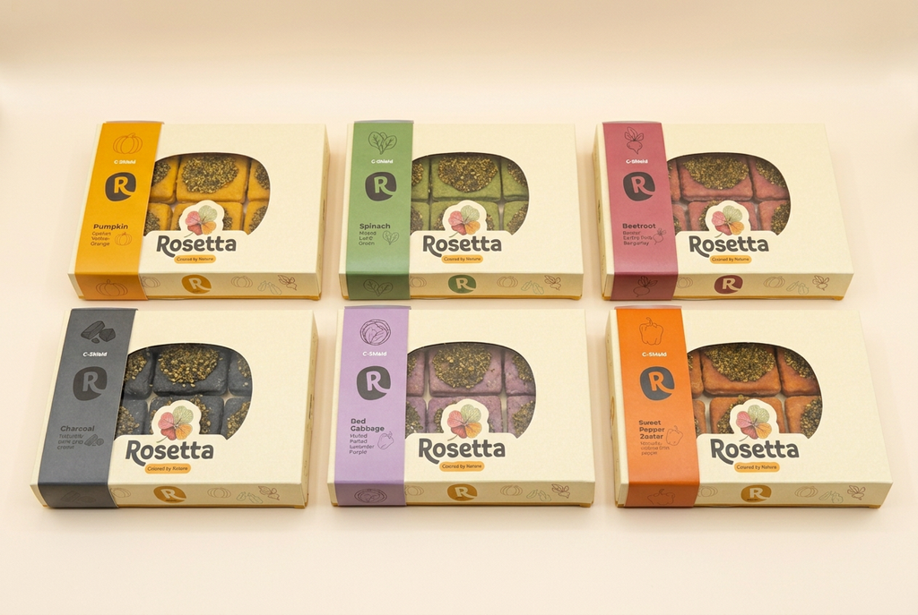 Six Rosetta zaatar boxes with color-matched sleeves for all six dough bases
